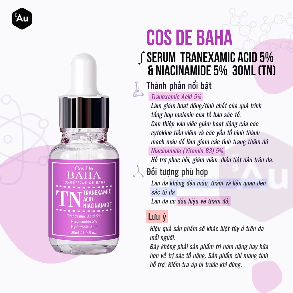 Cos De BAHA | Serum Tranexamic Acid 5% &amp; Niacinamide 5% - Hỗ Trợ Làm Sáng Vết Thâm &amp; Dịu Thâm Đỏ 30ML (TN)