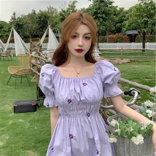 (Order 5-10days) Bigsize M-4XL Đầm cổ vuông vai bồng hoa nhí dễ thương màu tím cà