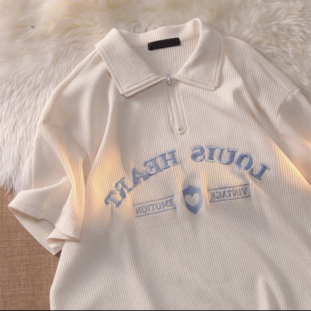 Áo Polo Louis Cổ Bẻ Nữ FREESHIP Thun form rộng tay lỡ thêu chữ trái tim xanh kiểu hàn quốc cá tính Ulzzang