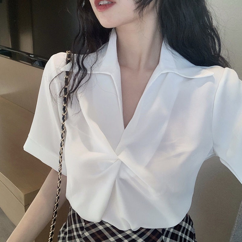 Áo Sơ Mi Trắng Tay Ngắn Cổ Chữ V Dáng Rộng Phong Cách Hàn Quốc Thời Trang Mùa Hè 2022