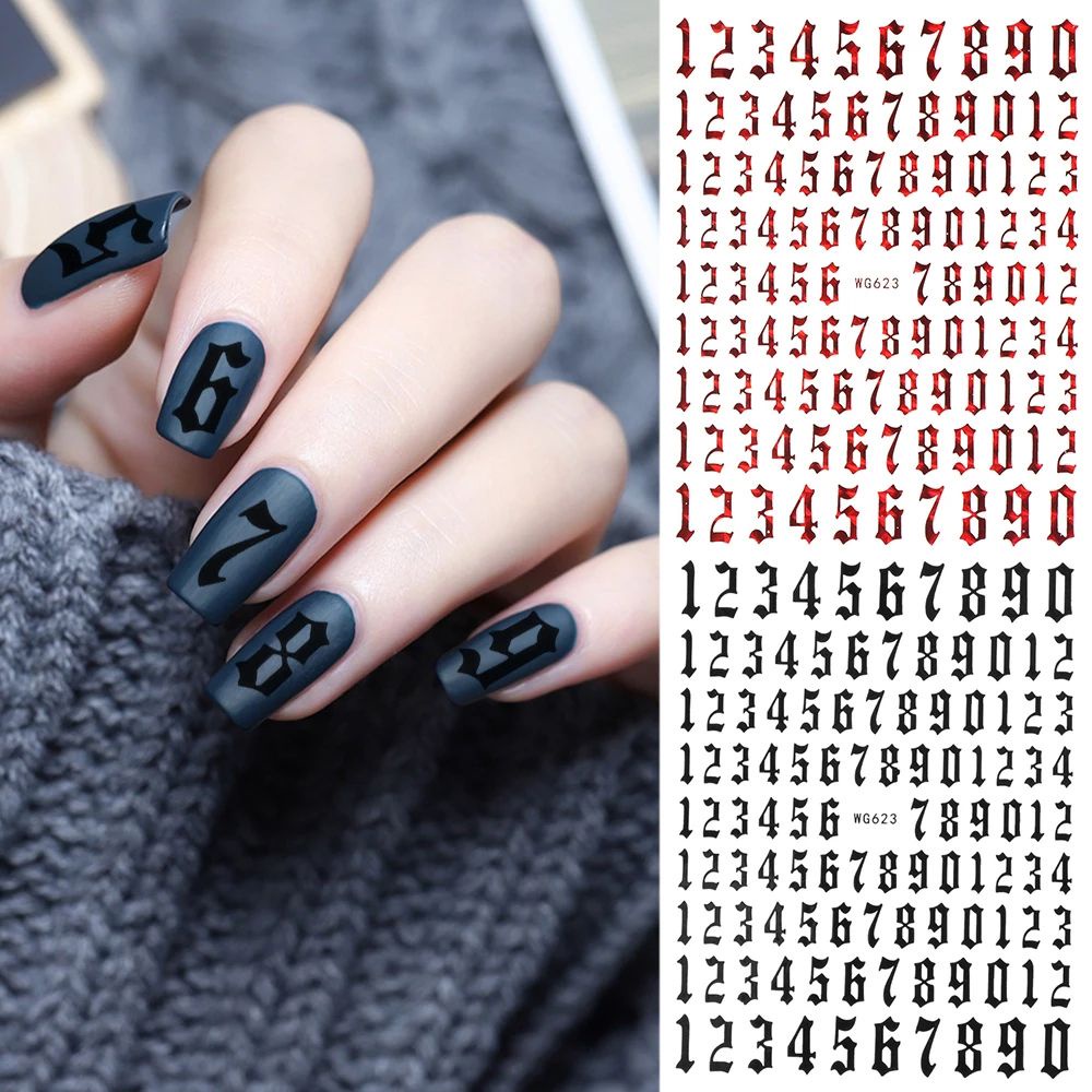 Nhãn dán trang trí móng tay nghệ thuật phản quang 3D tự dính họa tiết chữ số nhiều màu tùy chọn