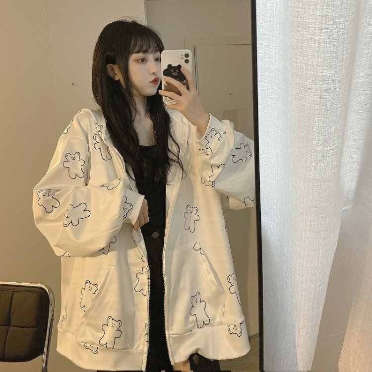 Áo Khoác Nỉ Gấu Trắng Viền Đen Dáng Hoodie - Áo Khoác Nữ Form Rộng In Hình Gấu Unisex