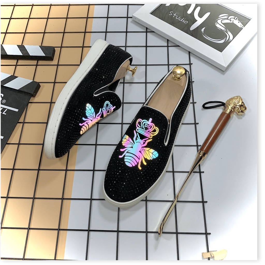𝔹𝕆𝕊𝕊 𝕊ℍ𝕆𝔼𝕊 🌈 Giày lười nam vải nỉ đính đá gắn mác nhiệt ong phản quang