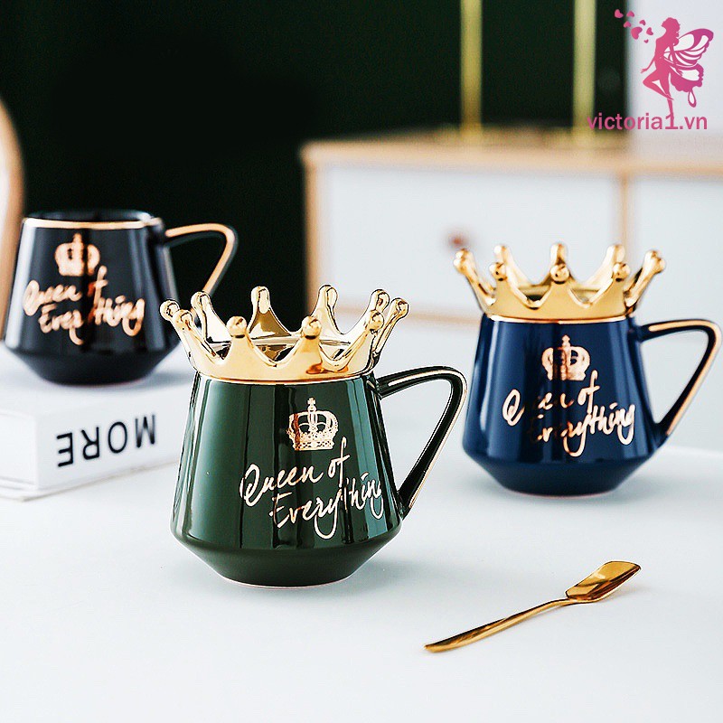 Queen of Everything Mug With Crown Lid and Spoon Ceramic Coffee Cup Gift for Girlfriend Wife