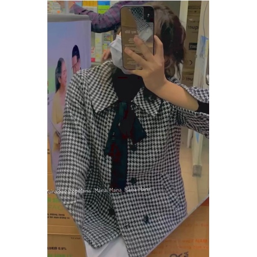 Áo dạ nơ đen hoạ tiết răng sói - Áo khoác dạ form vừa | BigBuy360 - bigbuy360.vn