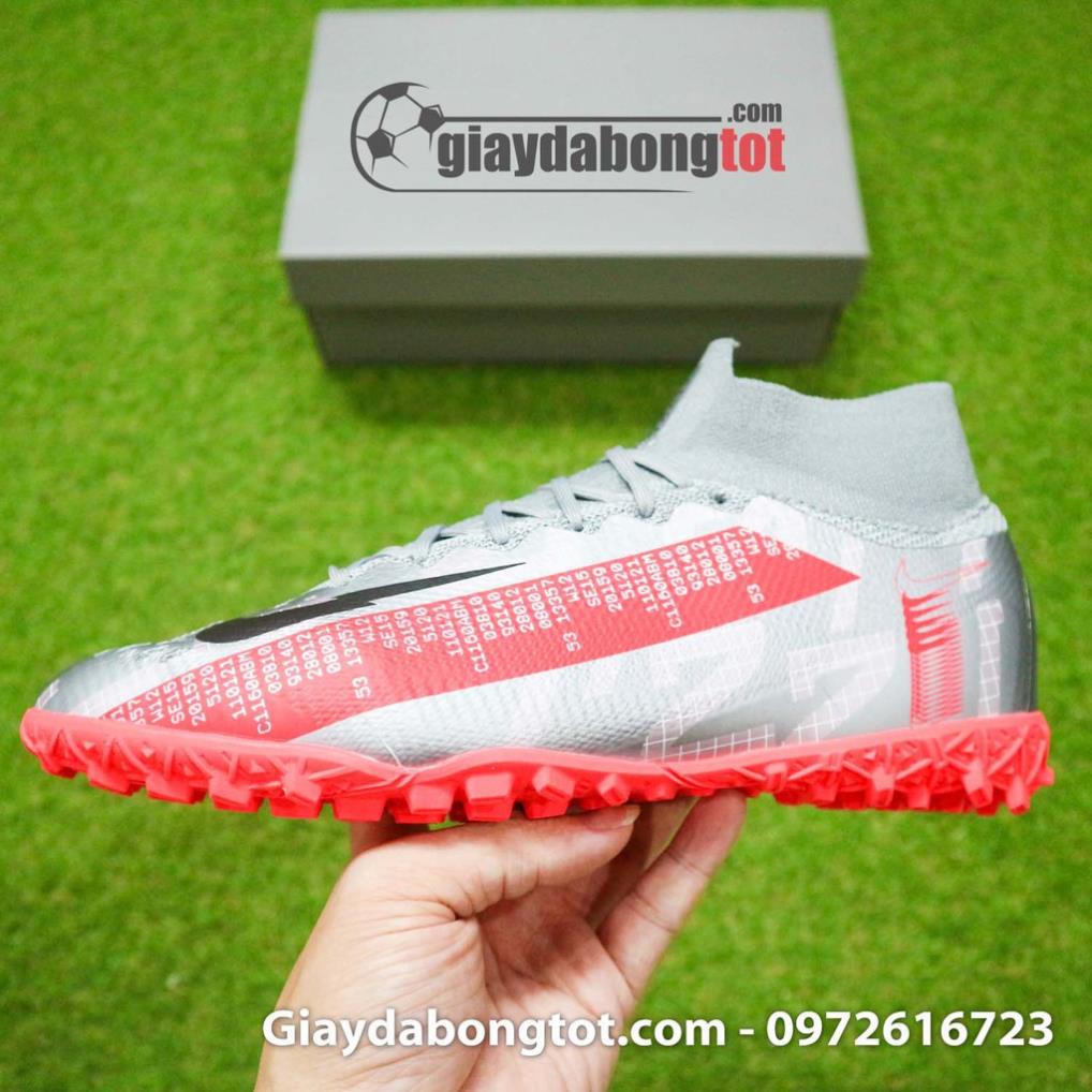 ĐẸP Giày Mercurial Superfly 7 Elite TF xám bạc vạch đỏ | Cổ thun ôm chân, độ bền cao, ảnh thật 100% ."{ . . ' . ! ^ $ $