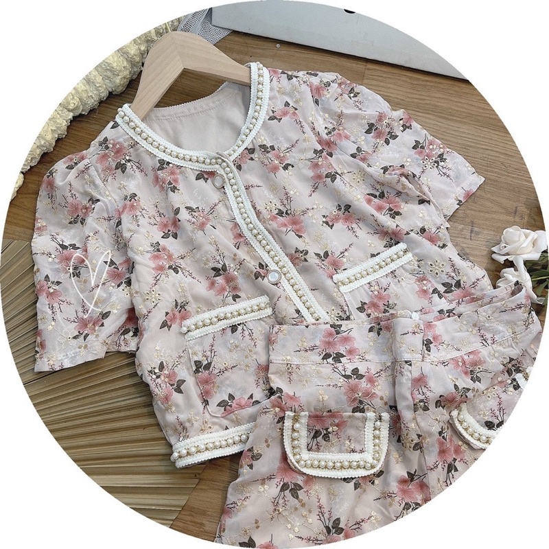 SET ÁO HOA HỒNG VIỀN HẠT + QUẦN SHORT VIỀN