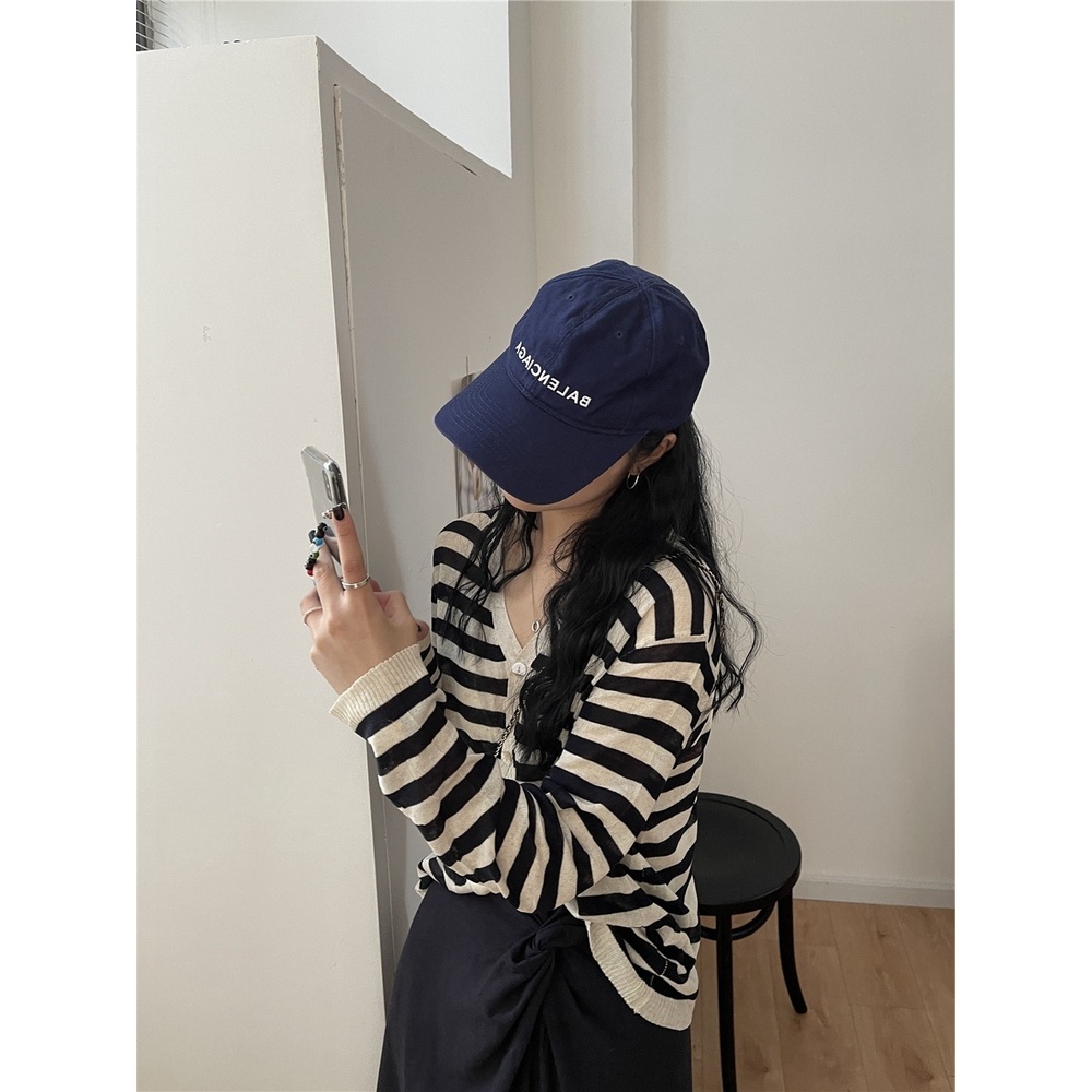 ZHELIHANGFEI Áo Cardigan Dệt Kim Tay Dài Dáng Rộng Kẻ Sọc Thời Trang Retro