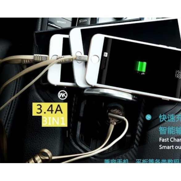 Tẩu sạc nhanh 18W chính hãng trong ô tô WK- C04; 3 cáp sạc (Lighting, Micro USB, Type C), 1 cổng USB – bảo hành 6 tháng