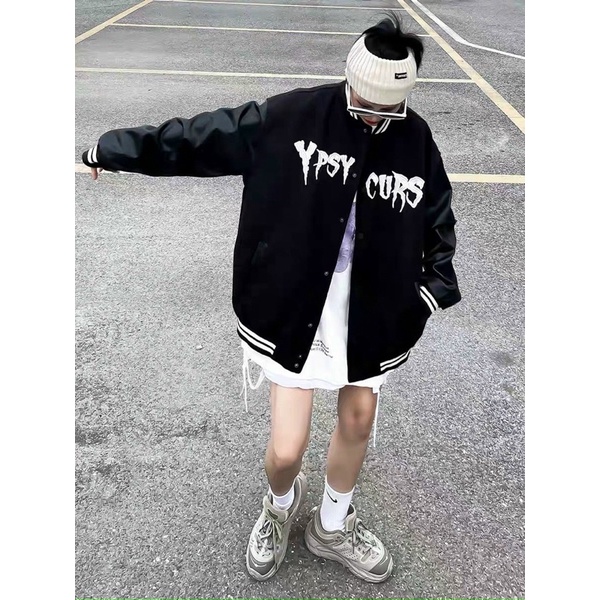 Áo khoác bomber tay da from rộng unisex chữ thêu style ulzzang (YPSY CURS)