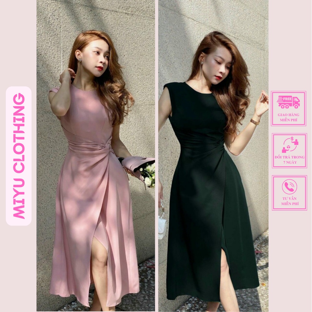 Đầm dự tiệc cao cấp sang trọng váy nữ xinh dáng dài hở đùi quyến rũ chất liệu tằm ý lụa chéo Miyuclothing