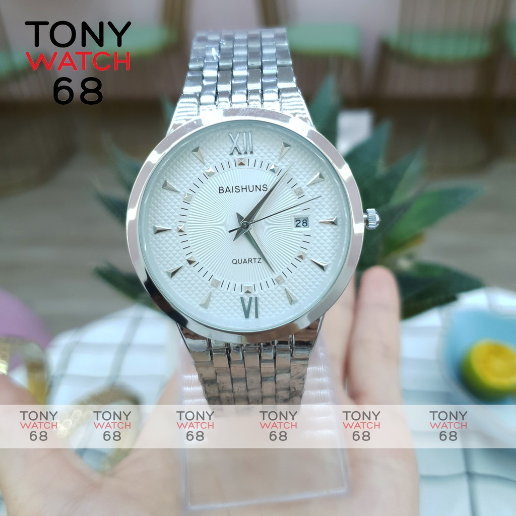 Đồng hồ cặp đôi nam nữ Baishuns mặt tròn trắng dây kim loại bạch kim chính hãng Tony Watch 68 | BigBuy360 - bigbuy360.vn