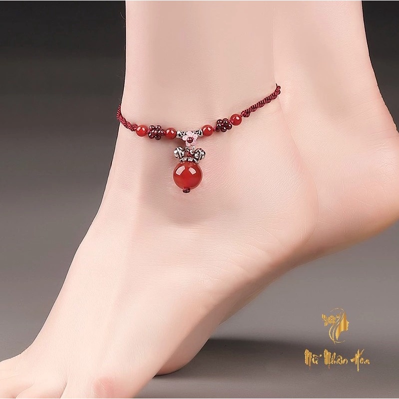 LC008 Lắc Chân nữ mix hạt đá đỏ và bạc thái