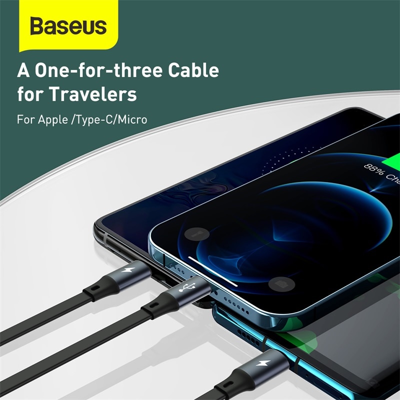 Cáp USB Baseus 3 trong 1 Loại C cho iPhone 12 Pro Max Sạc nhanh Micro USB C có thể thu vào cho Huawei Xiaomi Samsung Date Cord