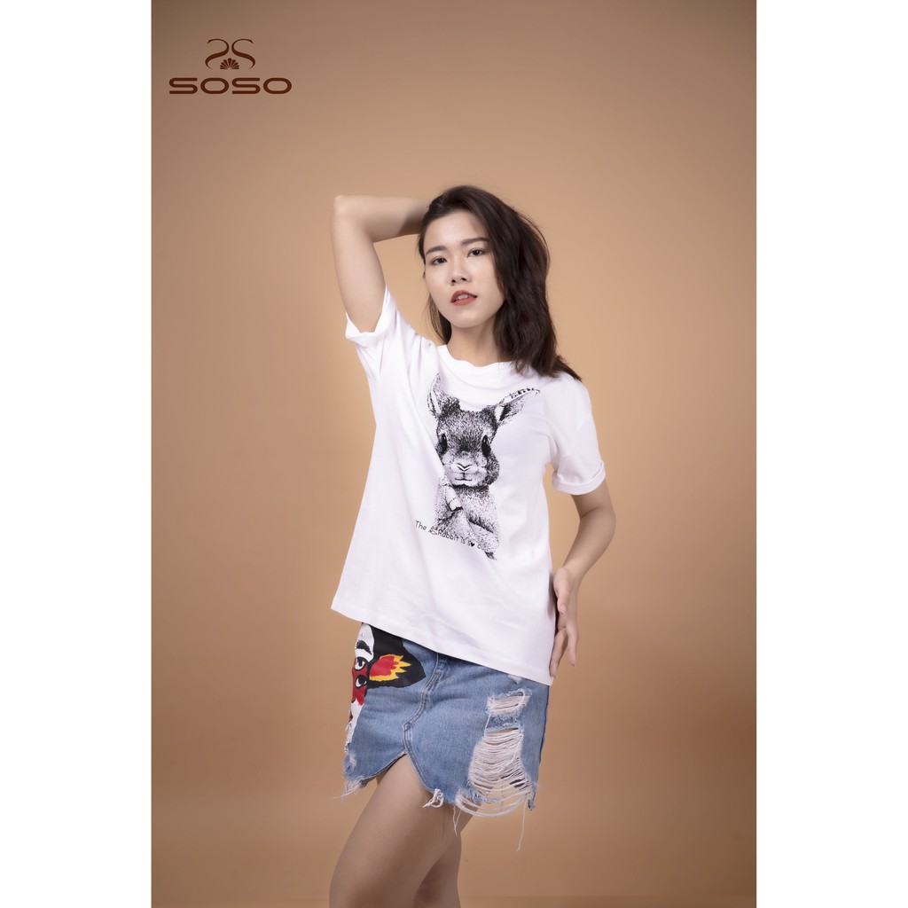 Áo thun cao cấp mang họa tiết Rabbit trên nền trắng năng động và dễ thương, chất liệu cotton 100%
