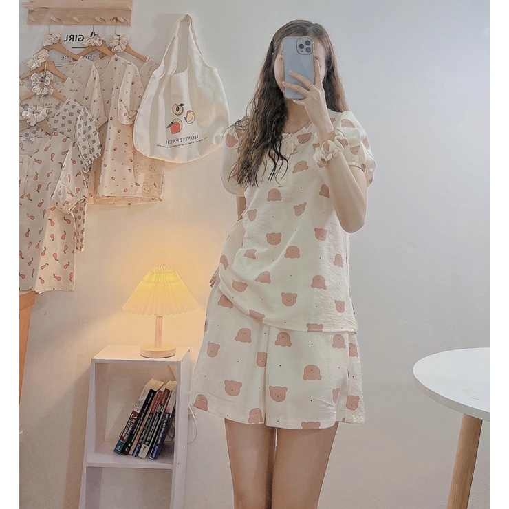 [Ảnh thật/Video]Set bộ đồ Hoạ Tiết Xinh Xắn Phong Cách ULZZANG Chất Liệu Vải Xô Thái Bộ Pijama Mặc Nhà cute hoạt hình
