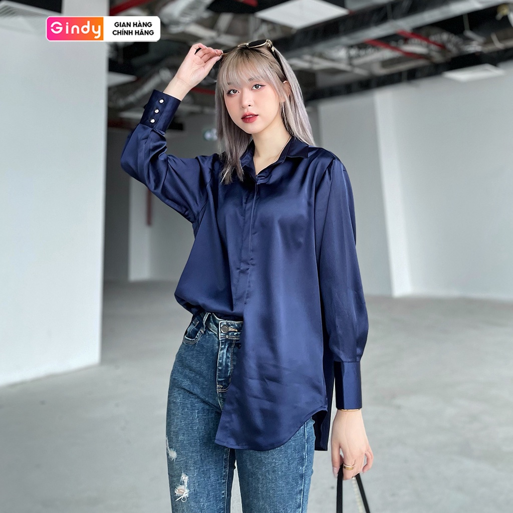 Áo sơ mi nữ form rộng màu xanh cổ đức vải lụa mềm GINDY basic sơmi công sở, sinh viên học sinh A10026