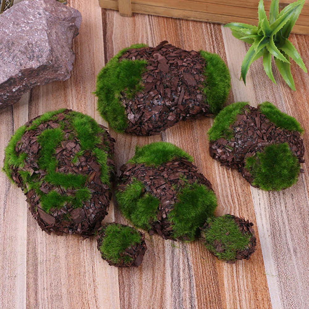 ☆YOLA☆ 6PCS/Pack Mini Fake Rock Blocks Fairy Garden Micro Landscape Green Moss|DIY Multi-shaped Garden Decoration Artificial Grass Wood Simulation