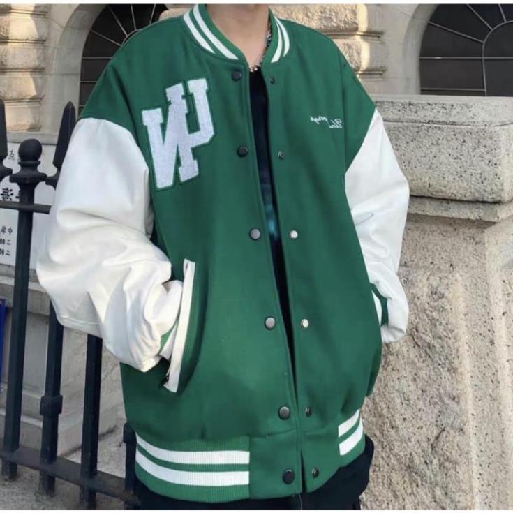 Áo bomber form rộng phối tay da màu xanh lá chất dạ ép unisex nam nữ MB
