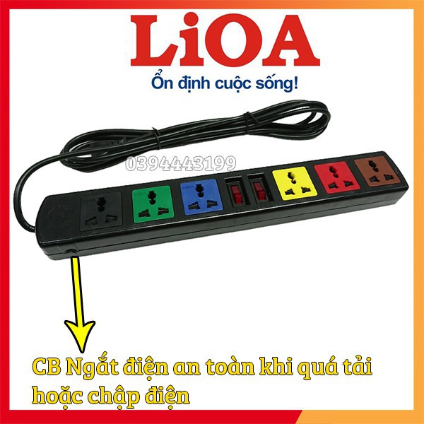 Ổ Cắm LIOA 6 Lỗ Đa Năng - FREESHIP Chịu Tải 2200W Có Nắp Che Chống Giật 6D32N (Dây 3 Mét)