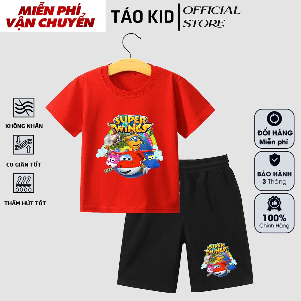 Đồ bộ bé trai, đồ bộ bé gái cộc tay Táo Kid chất cotton in hình Super Wings từ 0 đến 10 tuổi TK90