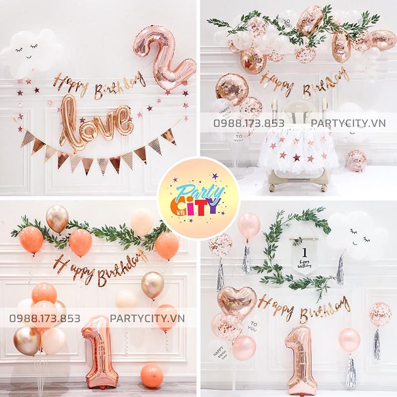 【PartyCityvn】Set Trang Trí Sinh Nhật Hàn Quốc Bóng Bay Màu Rose Gold Đẹp Sang Cho Bé Trai, Bé Gái Và Người Lớn