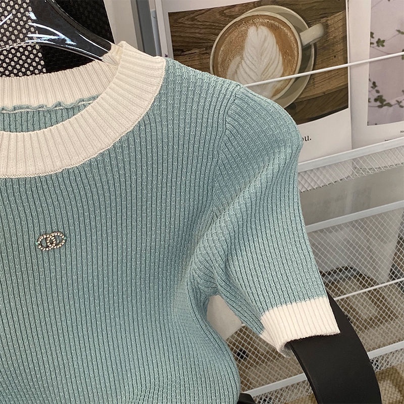 Áo Thun Lụa Lạnh Tay Ngắn Màu Sắc Tương Phản Phong Cách Pháp Thời Trang Mùa Hè Cho Nữ