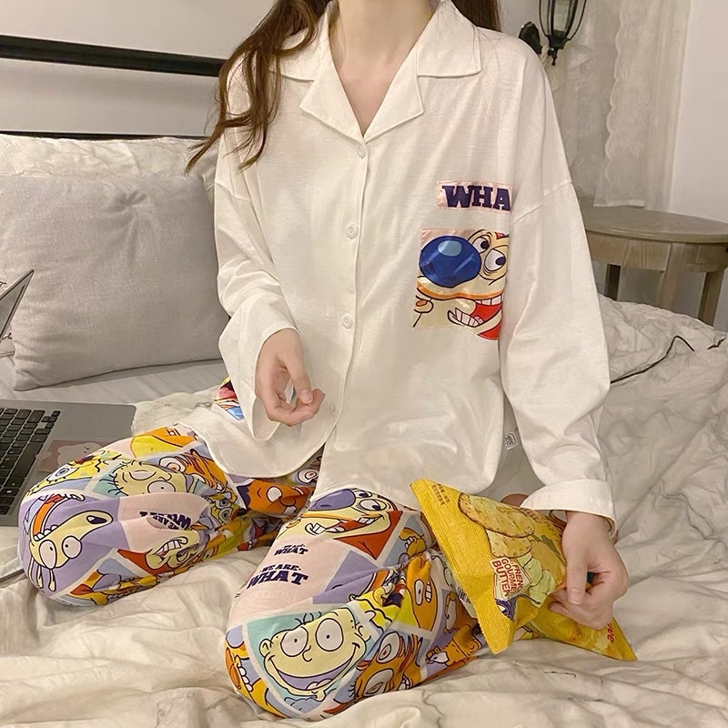 Bộ đồ ngủ phong cách Hàn Quốc áo trắng, quần hoạ tiết dễ thương | BigBuy360 - bigbuy360.vn