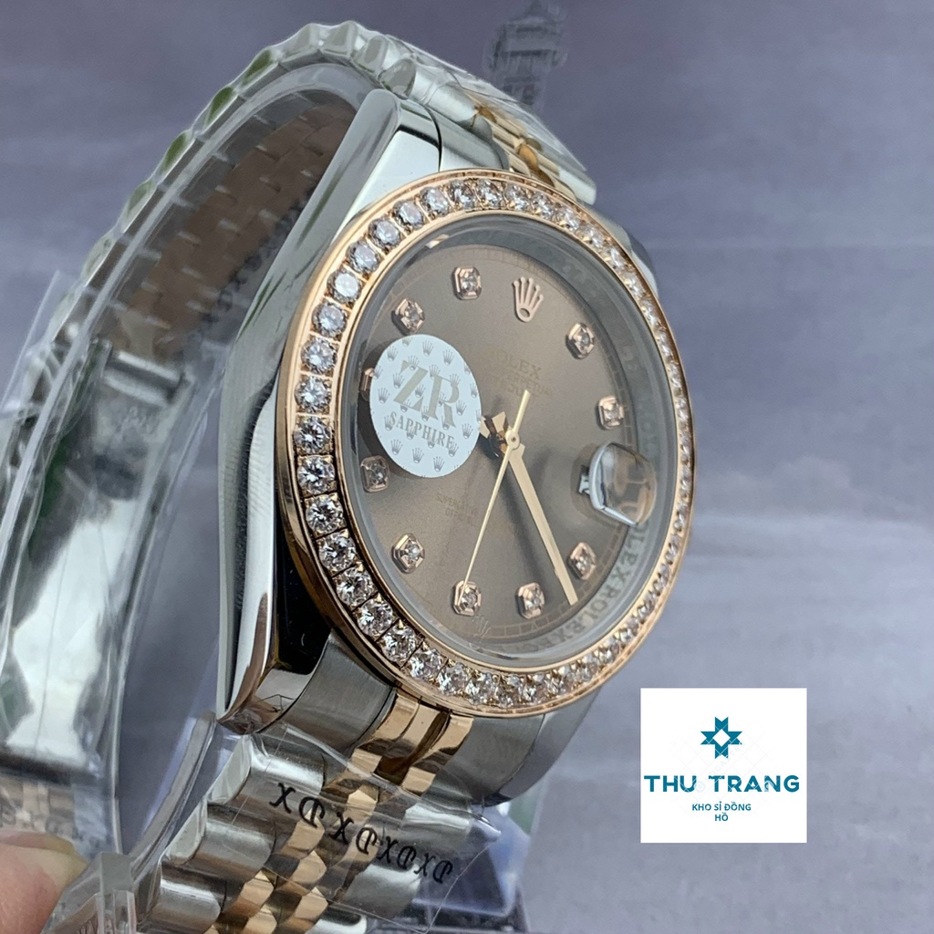 Đồng hồ nam Rolex cơ Automatic máy nhật mẫu Classic mặt nâu viền đá dây demi size 40-41mm