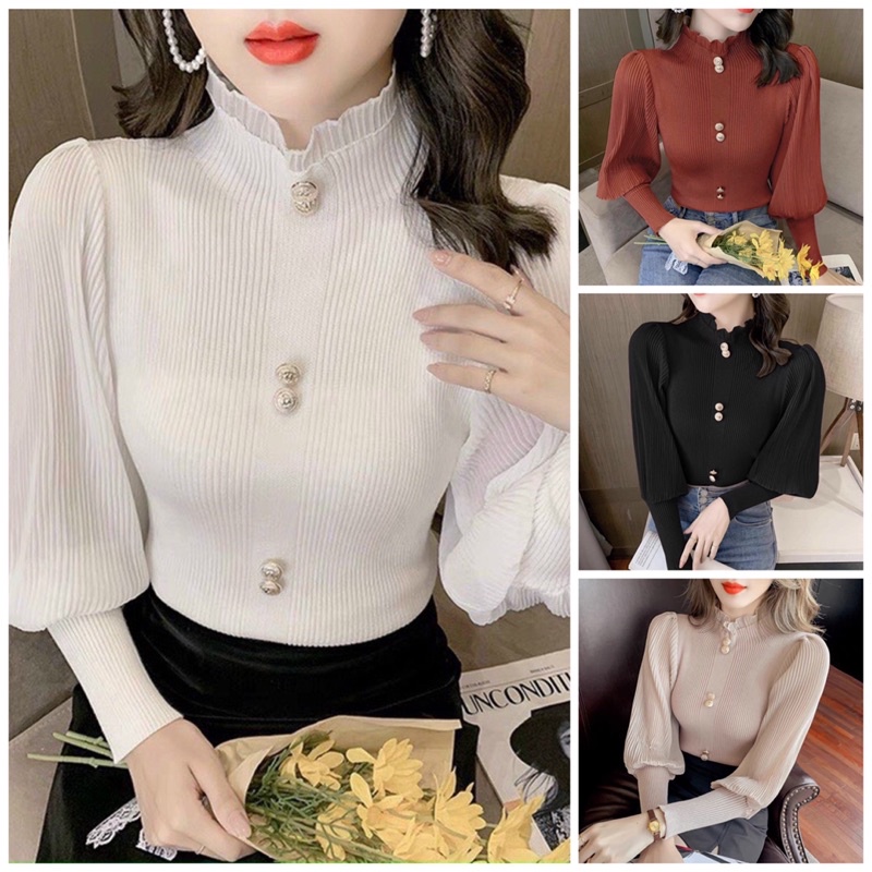 💛💛ÁO LEN CỔ NHÚN TAY VOAN SẴN HÀNG