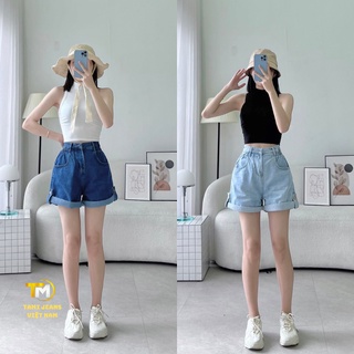 Quần short jean nữ lưng phối chun, quần đùi jean nữ lưng phối chun lai lật