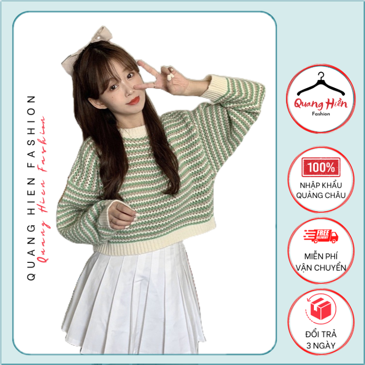 Áo len nữ Quảng Châu kẻ ngang dáng ngắn phối màu trẻ trung freesize MS378