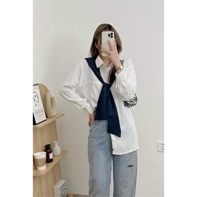 Áo sơ mi dài tay dáng rộng kèm khăn Ulzzang