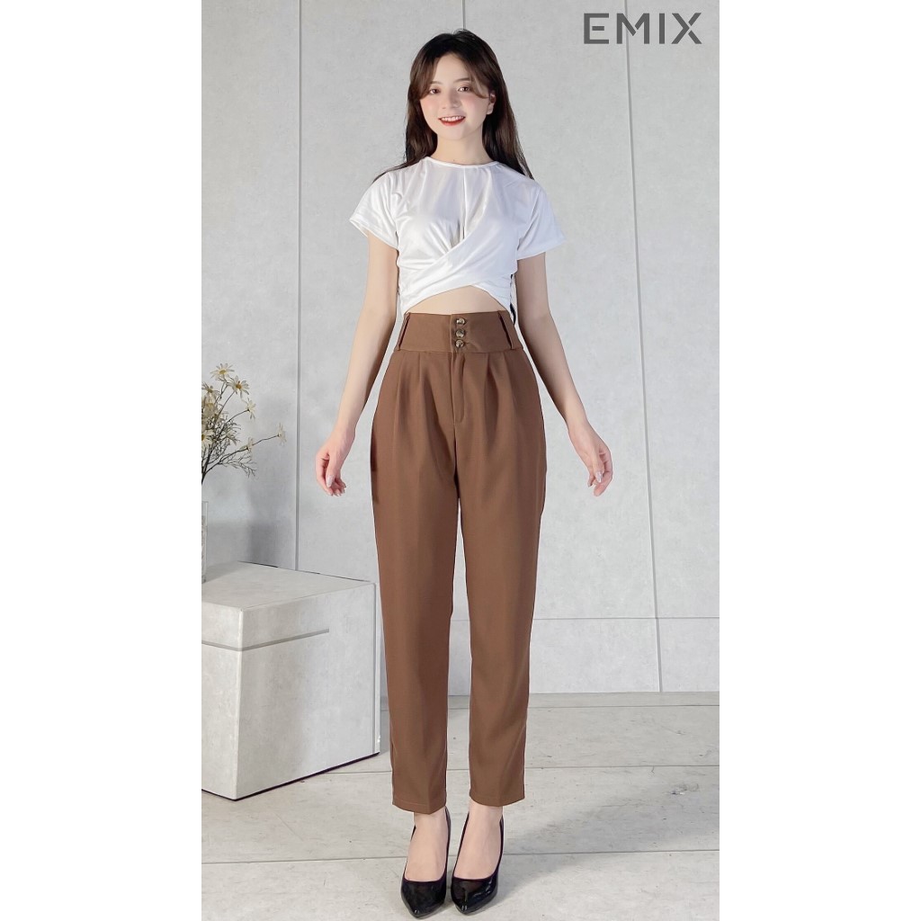 Quần tây nữ baggy 3 khuy EMIX (màu nâu), dáng dài, cạp cao, bản to 7cm, form rộng, vải tuyết mưa mềm mịn, không nhàu 303