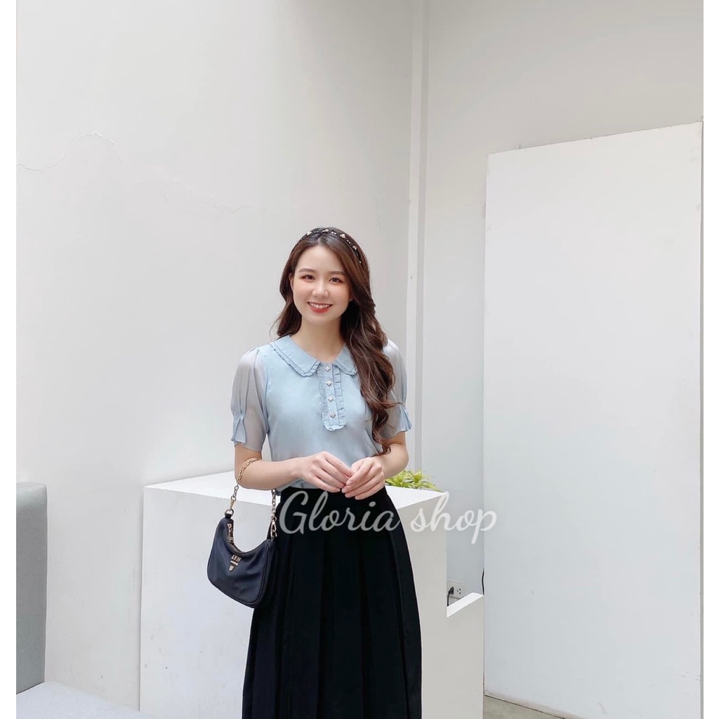 {Gloria Shop} Áo sơ mi nữ tiểu thư cổ cánh sen tay sếp ly Thời trang màu xanh SMKX01