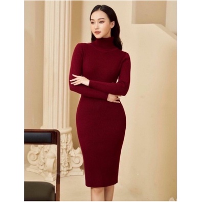 Váy body len cao cổ ôm dáng màu đỏ đô sang chảnh tiểu thư