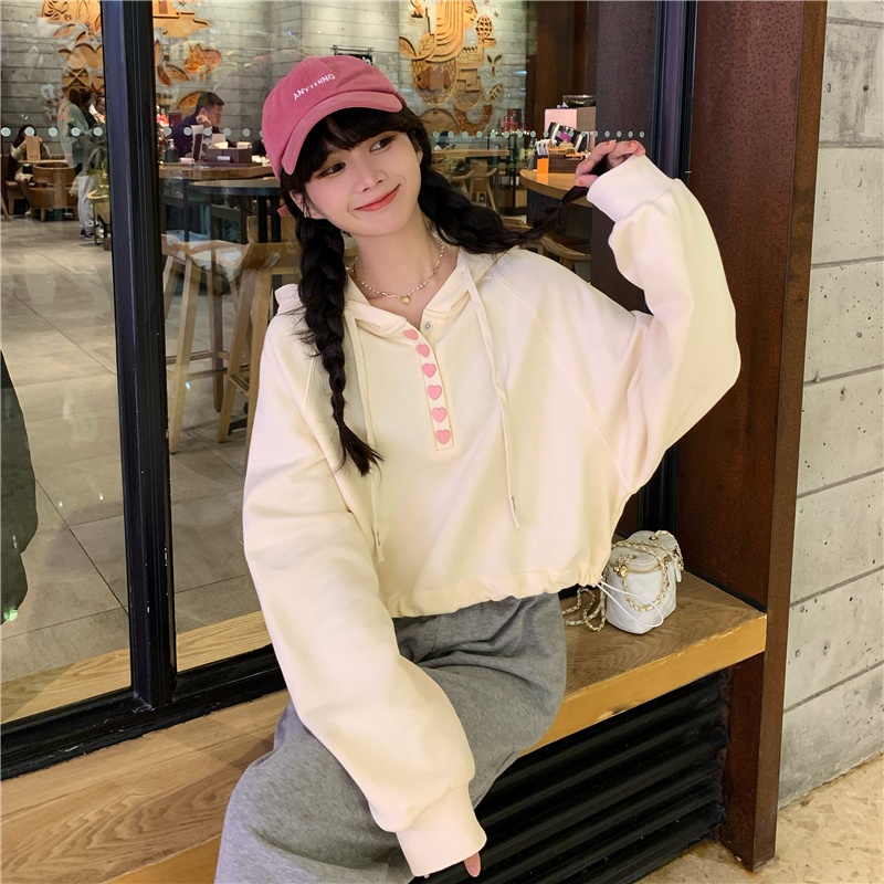 Áo Hoodie Ngắn Dáng Rộng Eo Cao Cài Nút Trái Tim Nhỏ Mùa Thu Mới Phổ Biến