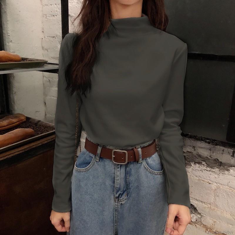 Áo Thun Cổ Lọ Màu Trơn Thiết Kế Tôn Dáng Dành Cho Nữ