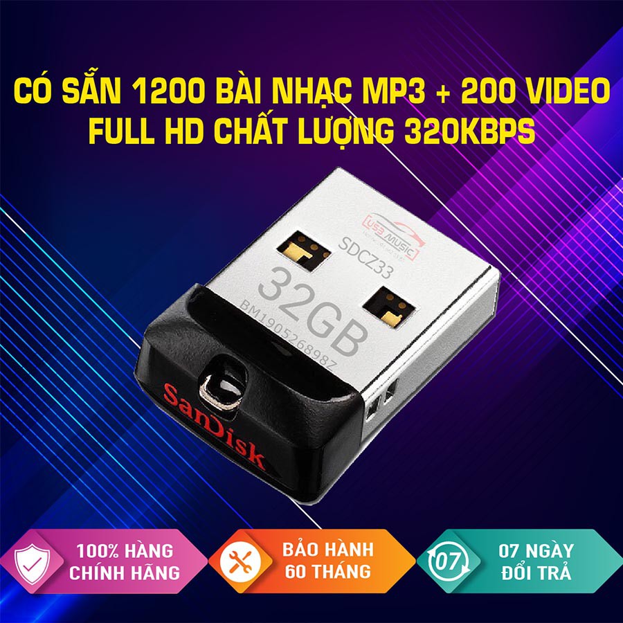 Usb nhạc cho ô tô Usb 32GB nhạc hình + tiếng , sẵn 200 video + 1200 bài hát MP3