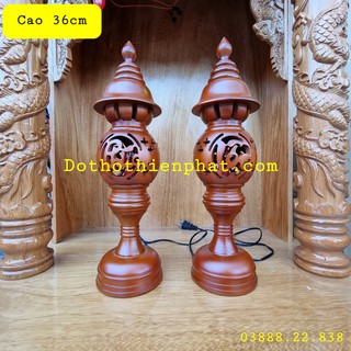(HÀNG ĐẸP) Cặp đèn thờ gỗ xà cừ cao 36cm phúc lộc thọ mẫu mới