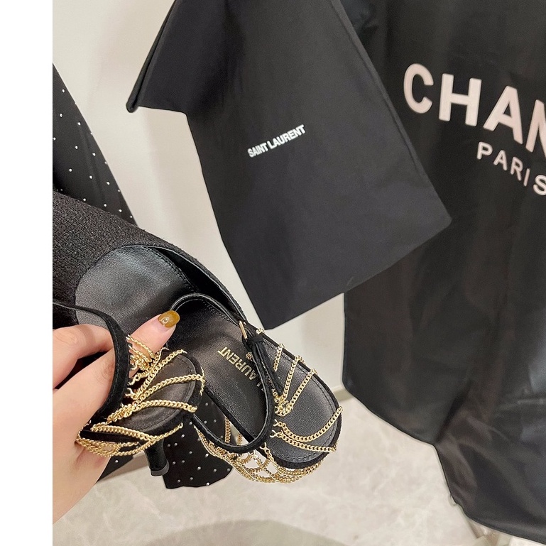 Giày Cao Gót 9Cm Vải Tuýt Phối Dây Xích