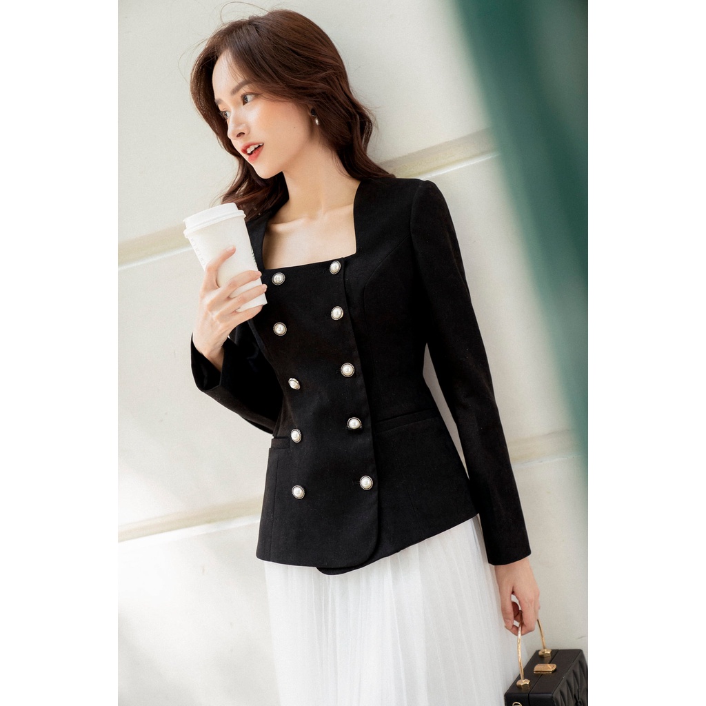 Áo nhung cổ vuông 2 hàng khuy túi cơi TIINSTORE ADK253