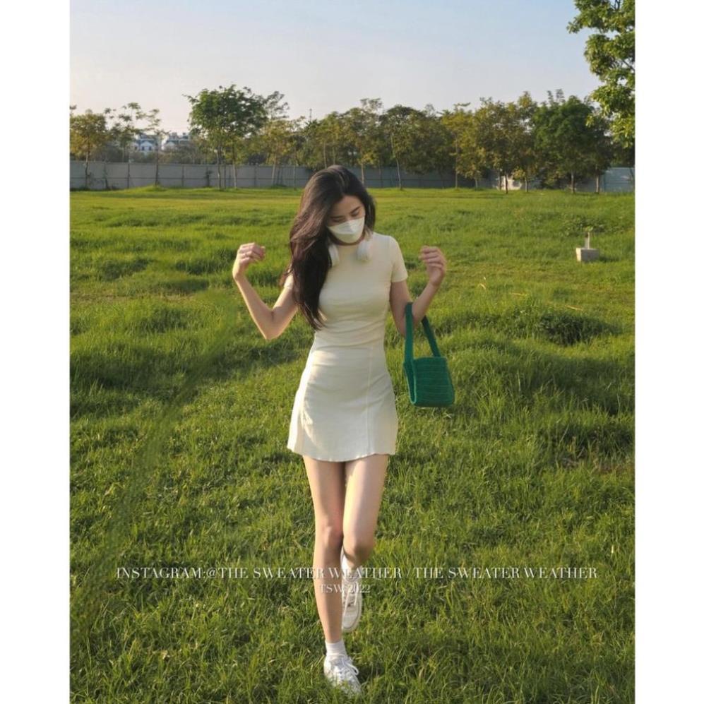 Váy đầm nữ cộc tay ôm body gân tăm dáng ngắn cổ tròn màu đen ghi hồng trắng  freesize thể thao sexy co giãn | BigBuy360 - bigbuy360.vn