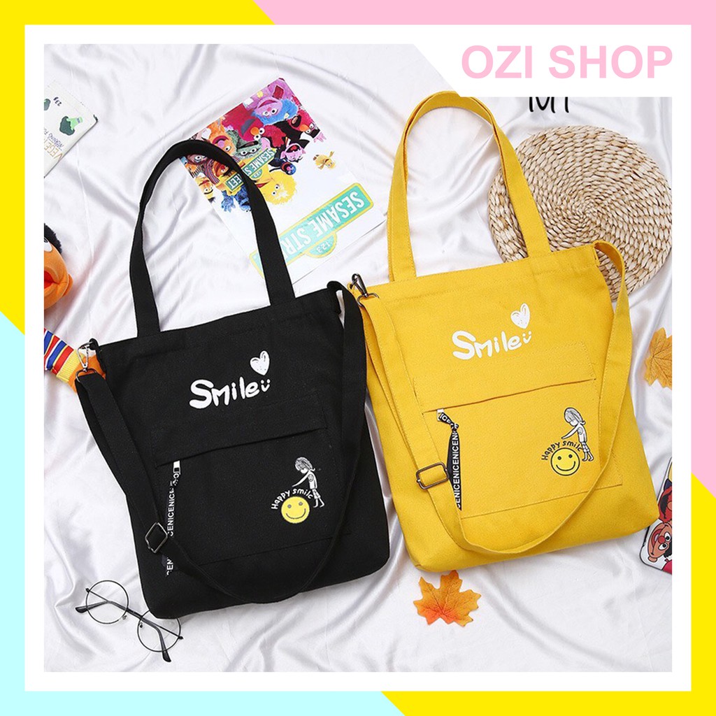 Túi Tote Vải Bố - Túi Đeo Chéo Nữ Hình Smile (Đen - Vàng)