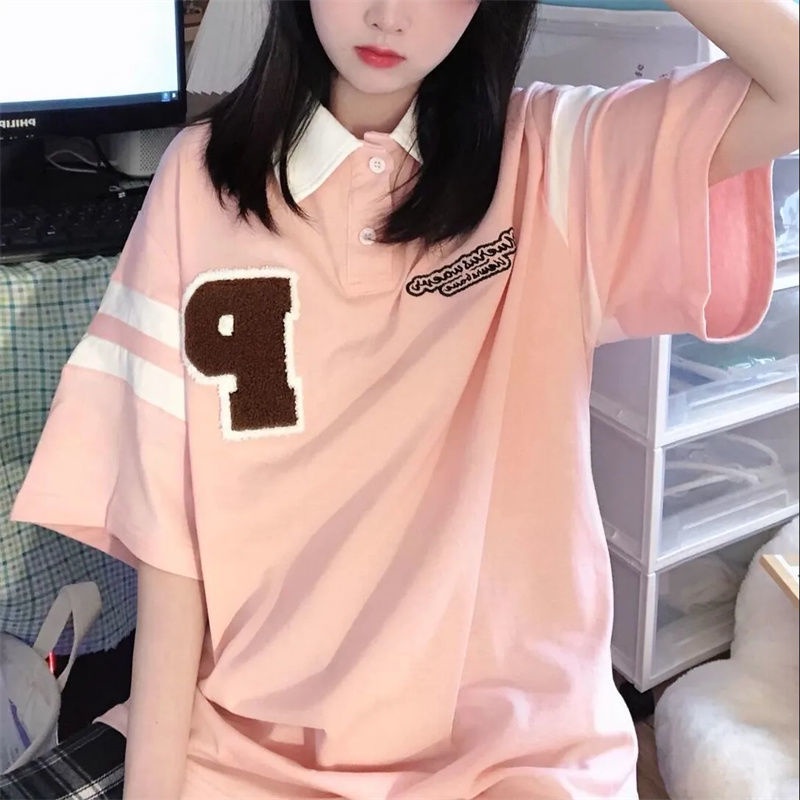 Jiashucheng Áo Thun Nữ Ngắn Tay Cổ Bẻ Form Rộng Phong Cách Hàn Quốc Mới
