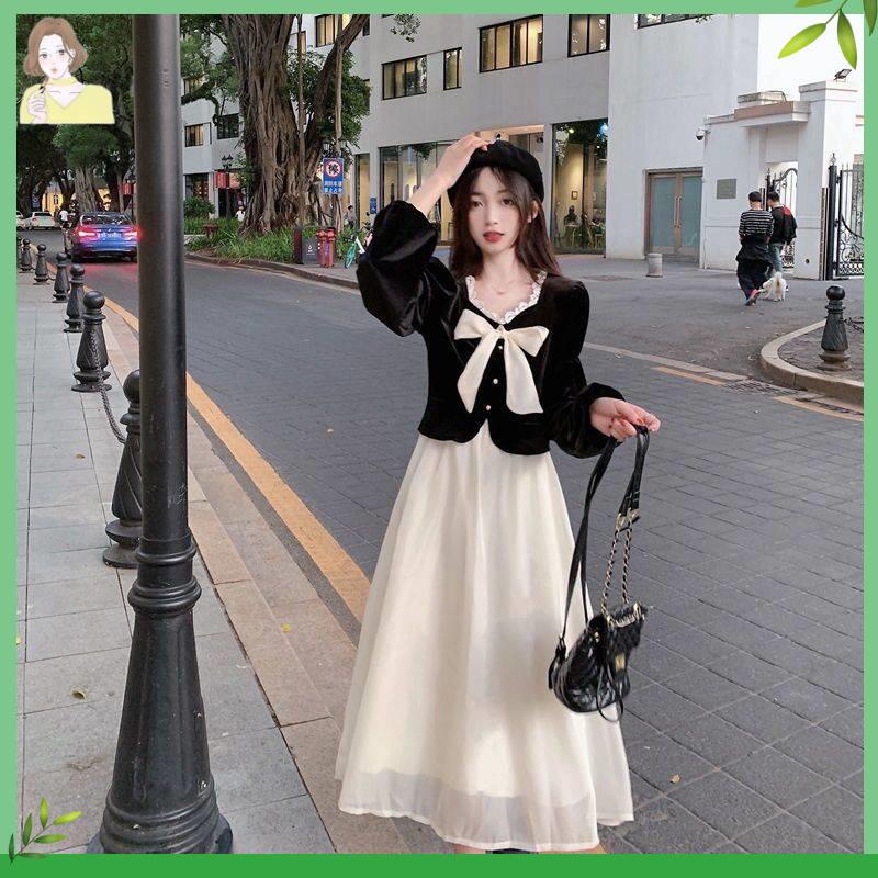 🌼váy babydoll Đầm Nhung Giả Hai Mảnh Dáng Ôm Thời Trang Xuân Thu Phong Cách Hepburn Phong Cách Mới Năm 2021