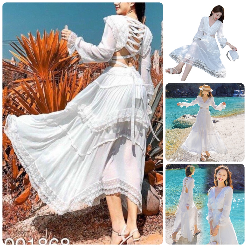 Sẵn Đầm maxi bo lưng hở eo, dài tay pha ren boho đi biển dáng dài sang chảnh SAVVY summer chiffon Dress KSVD02150