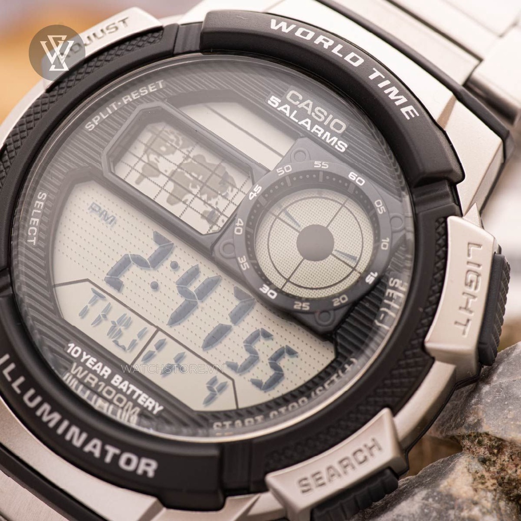 Đồng Hồ Điện Tử Nam Casio WATCHSTORE AE-1000WD-1AVDF Thiết Kế Mặt Kính 43.5mm, Dây Kim Loại Và Vỏ Nhựa Màu Bạc