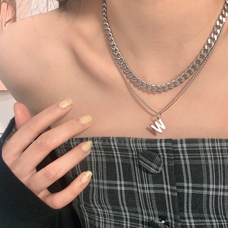 Vòng cổ Hai Lớp Mặt Chữ W Phong Cách hip hop Đơn Giản
