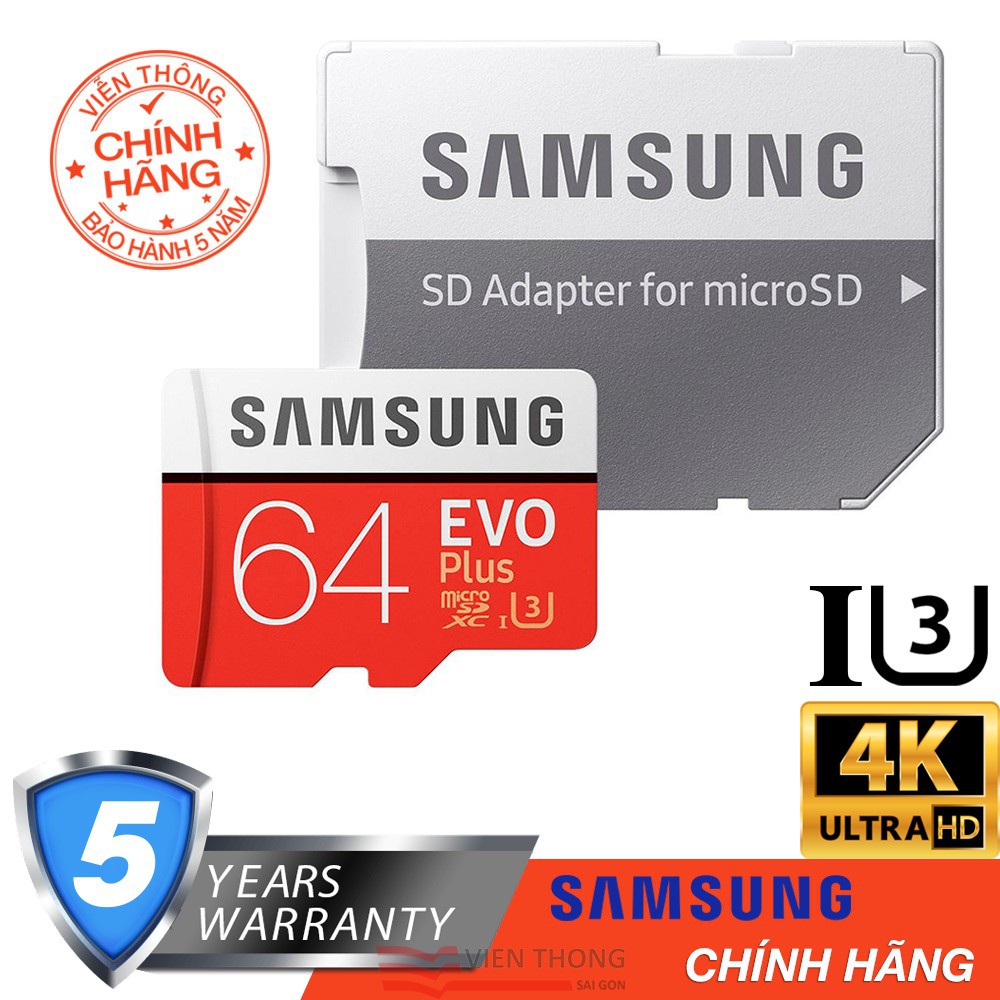 Thẻ nhớ 64Gb Micro SD Samsung Evo Plus 100MB/s U3 Class 10 (Kèm Adapter) - Hãng phân phối chính thức